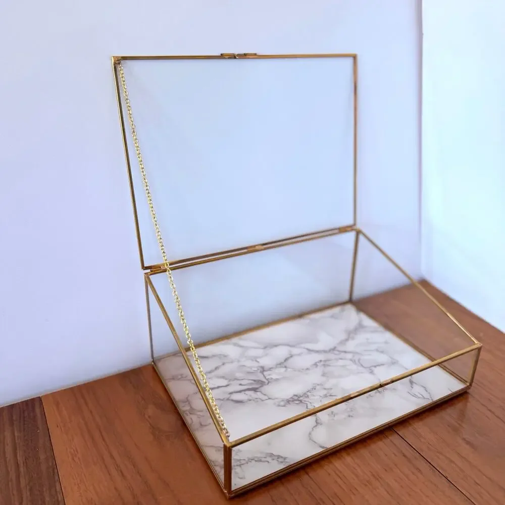 Glass Gold Display Box Lidded Faux Marble Chain Latch Trinket Jewelry 12 x 8